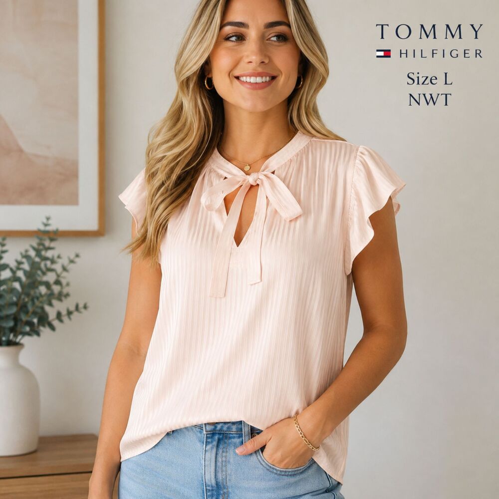 Tommy Hilfiger Blouse L Blush Pink Tie Neck Flutter Sleeve Striped NWT Preppy